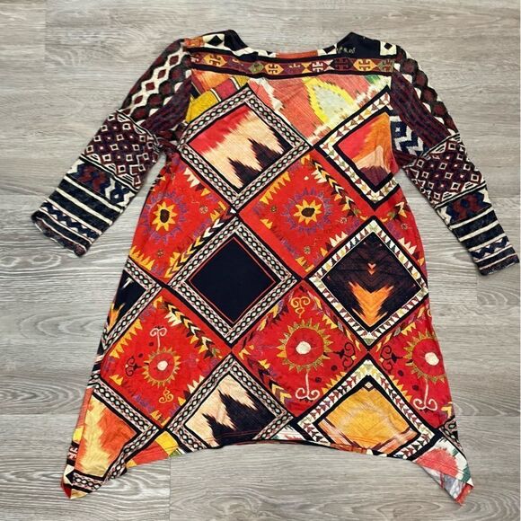 Desigual Womens Tunic Top Red Black Aztec 3/4 Sleeve Scoop Neck Blouse M - Picture 2 of 5